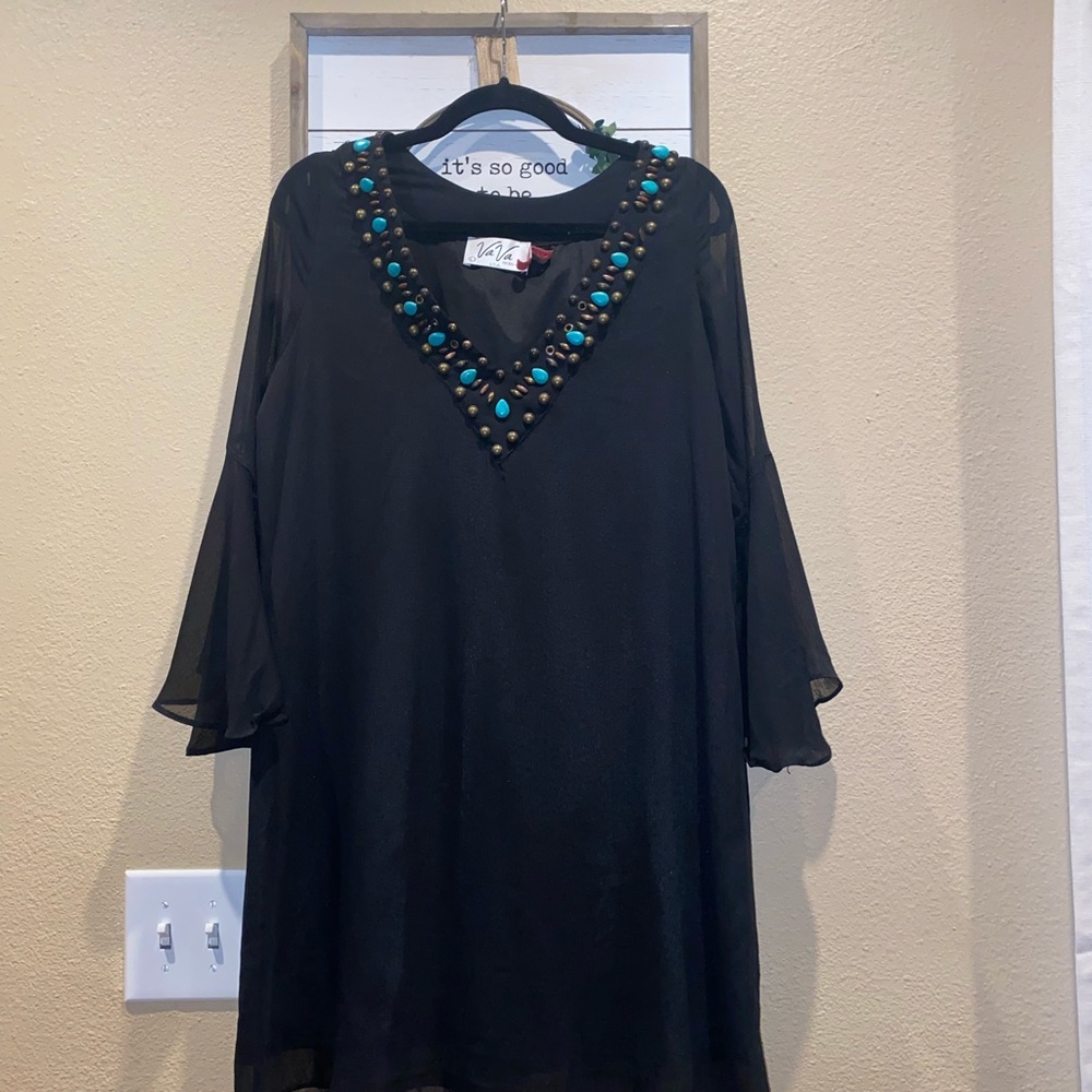 Women’s Va Va by Joy Han Black Turquoise Western Dress Size Large EUC
